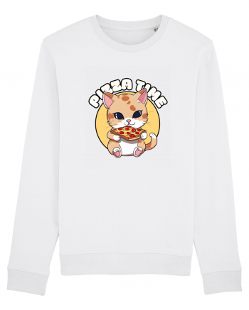 Cute kawaii cat eating pizza White