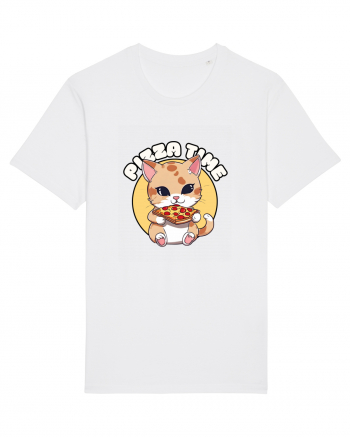 Cute kawaii cat eating pizza White