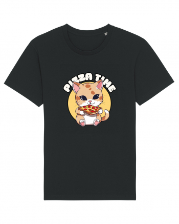 Cute kawaii cat eating pizza Black