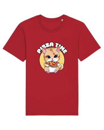 Cute kawaii cat eating pizza Red