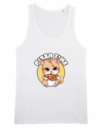 Cute kawaii cat eating pizza White