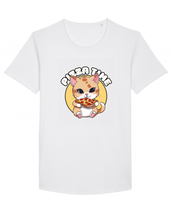 Cute kawaii cat eating pizza White