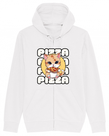 Cute kawaii cat eating pizza White