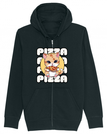 Cute kawaii cat eating pizza Black