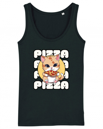 Cute kawaii cat eating pizza Black