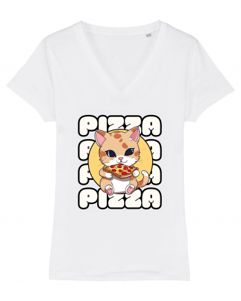 Cute kawaii cat eating pizza White