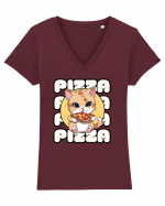 Cute kawaii cat eating pizza Tricou mânecă scurtă guler V Damă Evoker