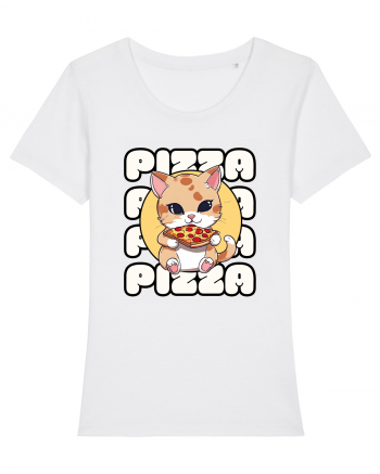 Cute kawaii cat eating pizza White