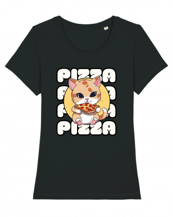 Cute kawaii cat eating pizza Black