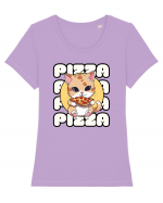 Cute kawaii cat eating pizza Tricou mânecă scurtă guler larg fitted Damă Expresser