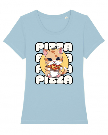 Cute kawaii cat eating pizza Sky Blue