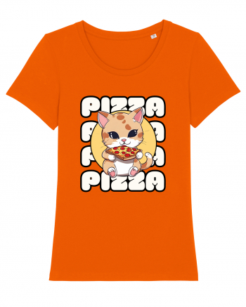 Cute kawaii cat eating pizza Bright Orange