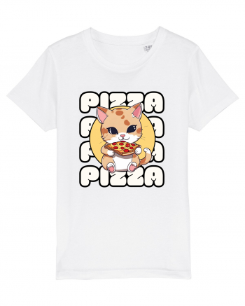 Cute kawaii cat eating pizza White