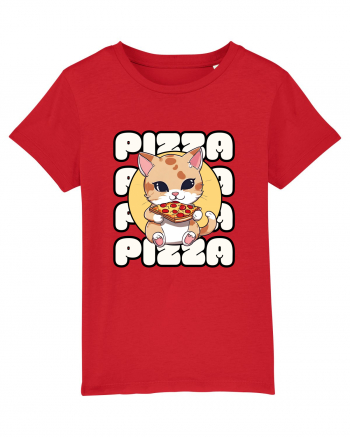 Cute kawaii cat eating pizza Red