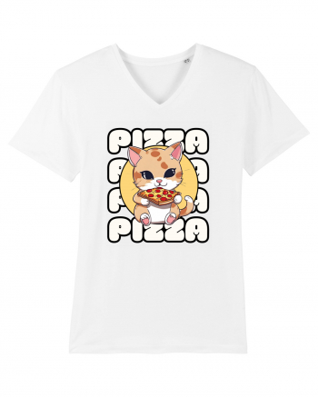 Cute kawaii cat eating pizza White