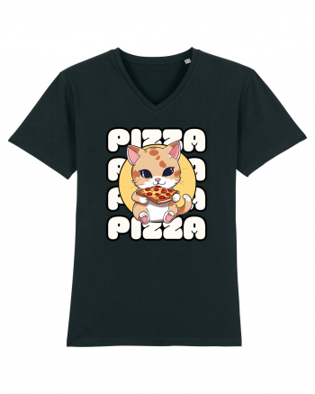 Cute kawaii cat eating pizza Black