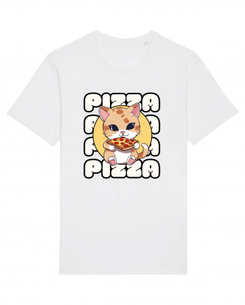 Cute kawaii cat eating pizza White