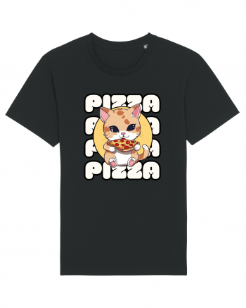 Cute kawaii cat eating pizza Black