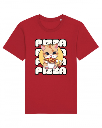 Cute kawaii cat eating pizza Red