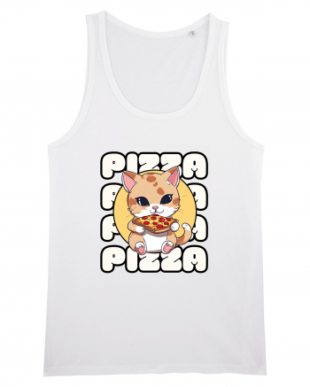 Cute kawaii cat eating pizza White