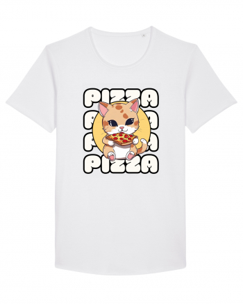 Cute kawaii cat eating pizza White