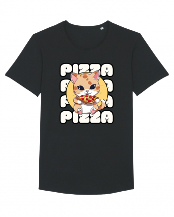 Cute kawaii cat eating pizza Black