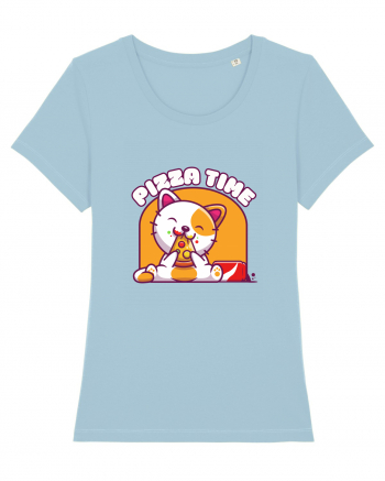 Cute kawaii cat eating pizza Sky Blue