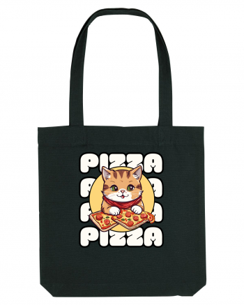 Cute kawaii cat eating pizza Black