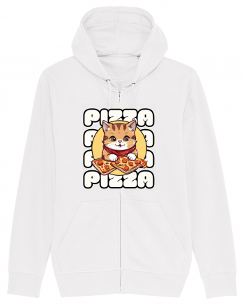 Cute kawaii cat eating pizza White