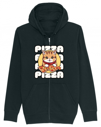 Cute kawaii cat eating pizza Black