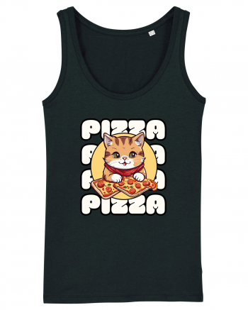 Cute kawaii cat eating pizza Black