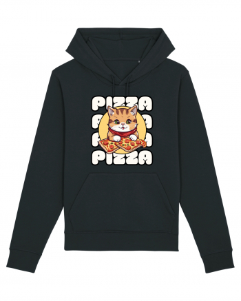 Cute kawaii cat eating pizza Black