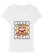 Cute kawaii cat eating pizza Tricou mânecă scurtă guler V Damă Evoker