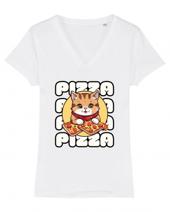 Cute kawaii cat eating pizza White