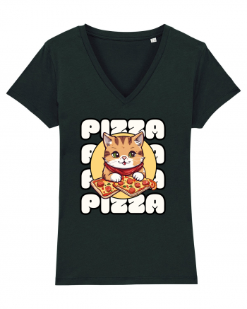 Cute kawaii cat eating pizza Black