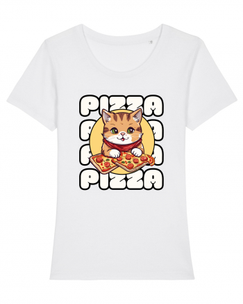 Cute kawaii cat eating pizza White