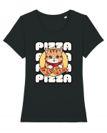 Cute kawaii cat eating pizza Tricou mânecă scurtă guler larg fitted Damă Expresser