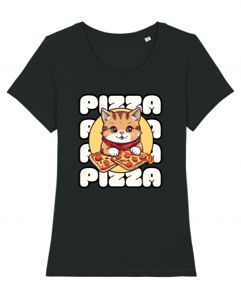 Cute kawaii cat eating pizza Black