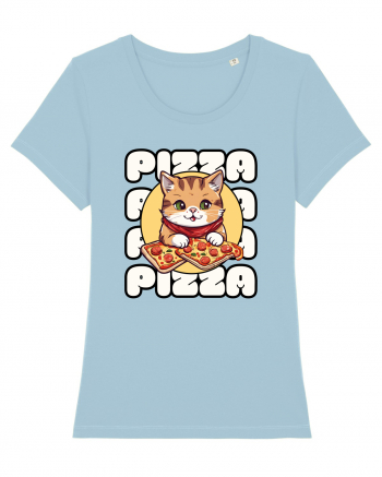 Cute kawaii cat eating pizza Sky Blue