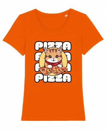 Cute kawaii cat eating pizza Bright Orange