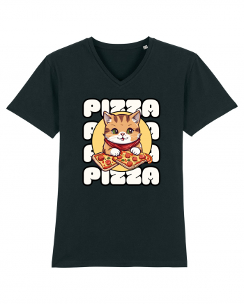 Cute kawaii cat eating pizza Black