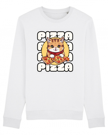 Cute kawaii cat eating pizza White