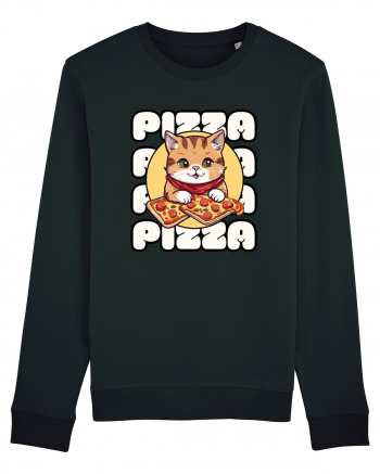 Cute kawaii cat eating pizza Black