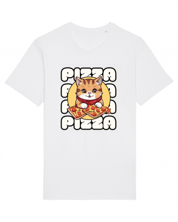 Cute kawaii cat eating pizza White