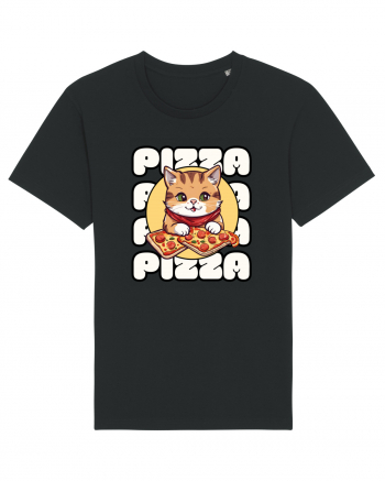 Cute kawaii cat eating pizza Black