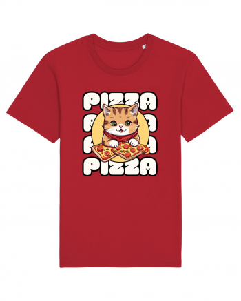 Cute kawaii cat eating pizza Red