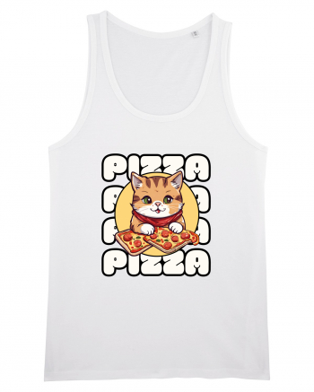 Cute kawaii cat eating pizza White