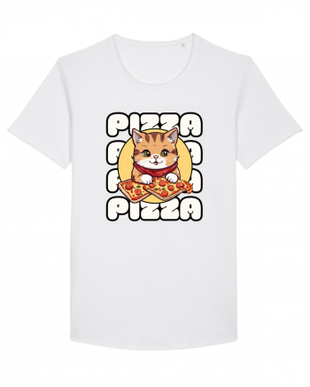 Cute kawaii cat eating pizza White