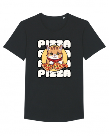 Cute kawaii cat eating pizza Black