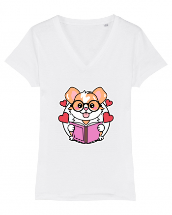 Kawaii Dog Reading A Book White